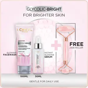 Bundle - L'Oreal Paris Glycolic Bright Instant Glowing Face Serum 30Ml + L'Oreal Paris Glycolic Bright Glowing Daily Face Wash 100ml with free jade roller